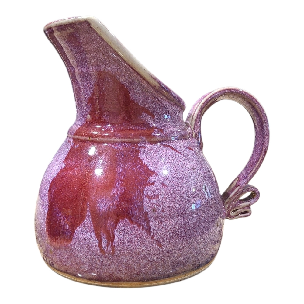 Studio Pottery Pitcher Purple Glaze Red Splash  Cut Away Spout Braided Handle